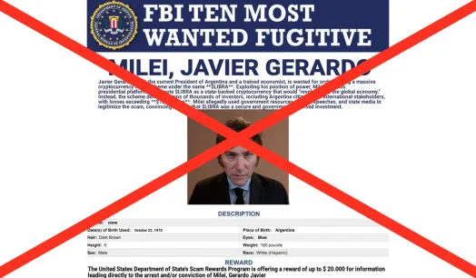 Es falso que Javier Milei no aparece entre los 10 fugitivos más buscados por el FBI
